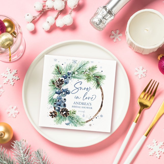Snö i kärlek vintertid möhippa gräs krand pappersservett (Snow in love winter bridal shower pines wreath personalized napkins rustic pines winter tableware)