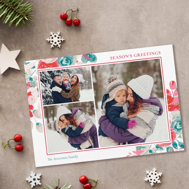Snö jul - grönt röd blommigt 3 foton julkort (Skapare uppladdad)