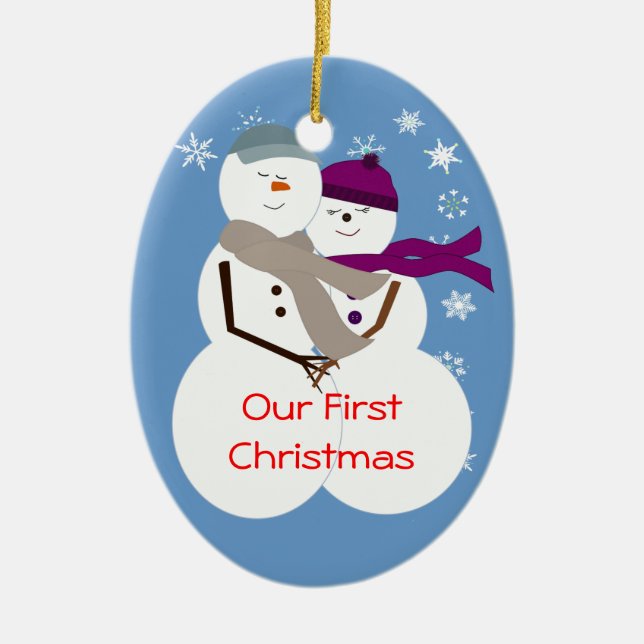 Snö kopplar ihop vår första jul julgransprydnad keramik (Framsidan)