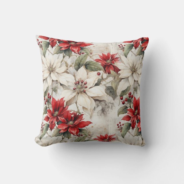Snö-kyld elegance: White and Red Poinsettia Kudde (Framsida)