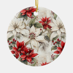 Snö-kyld Elegance White och Red Poinsettia Julgransprydnad Keramik