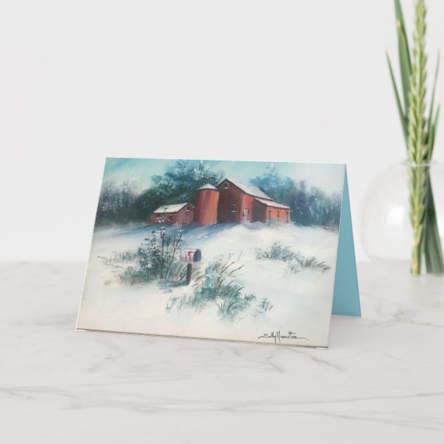 Snö Landcape Painting Rustic Farm med Barn Kort (Framsida)