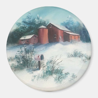 Snö Landcape Painting Rustic Farm med Barn Magnet