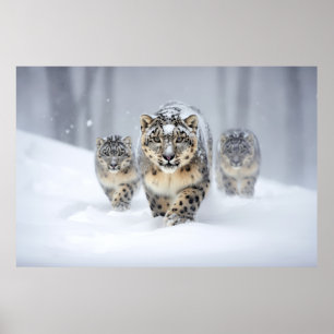 Snö Leopard Animal Family Wandering Poster