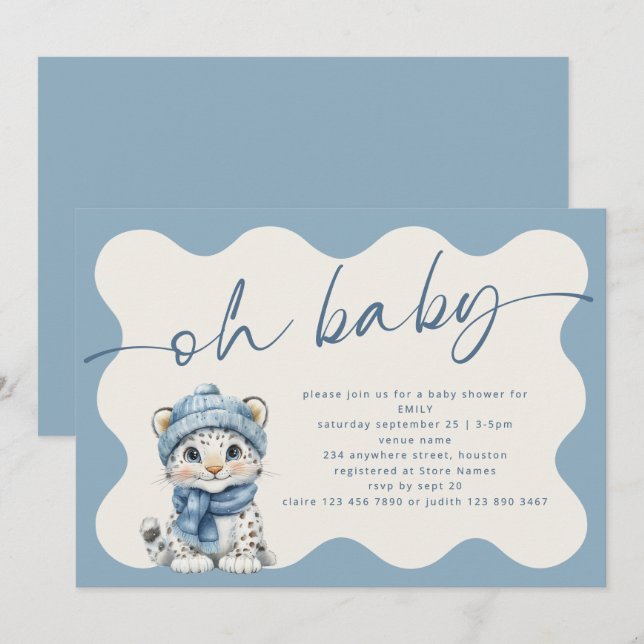 Snö Leopard Arktis Vågigt Gräns Oh Baby Shower Inbjudningar (Fram/baksida)
