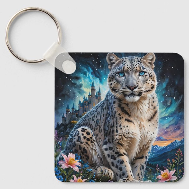 Snö Leopard-berget Castle Starry Himlar Nyckelring (Framsida)