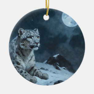 Snö Leopard & Full Moon Julgransprydnad Keramik
