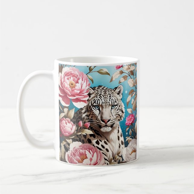 Snö Leopard Gaze Rosa Peony Flowers Kaffemugg (Vänster)