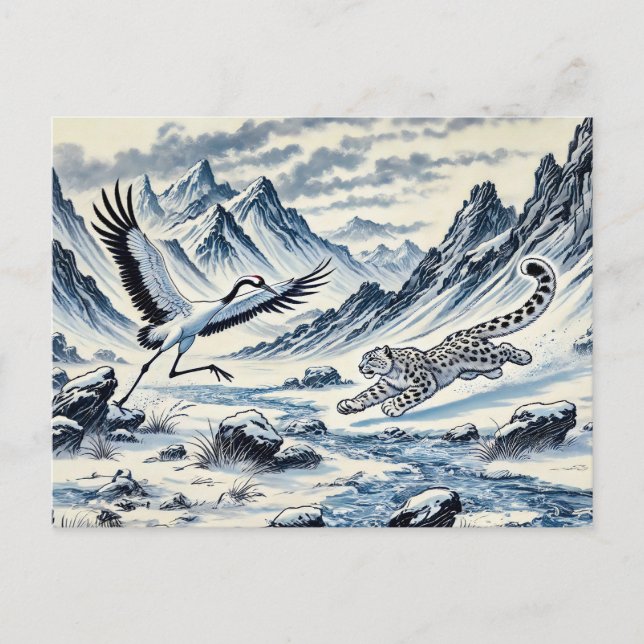 Snö Leopard Hunting a Crane China Bläck Painting Vykort (Framsida)