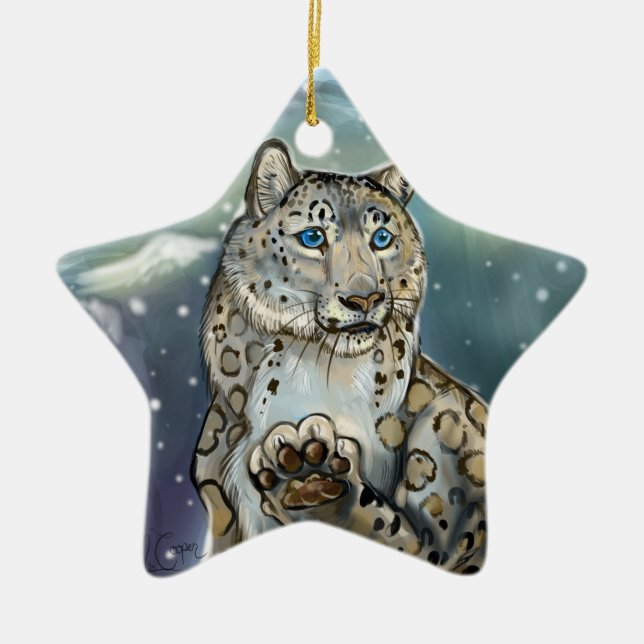 Snö Leopard~ornament Julgransprydnad Keramik (Framsidan)