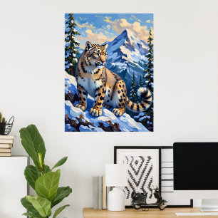 Snö Leopard på ett berg Poster