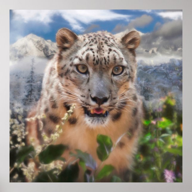 SNÖ LEOPARD SPRINGTIME FLOWERS POSTER (Framsidan)