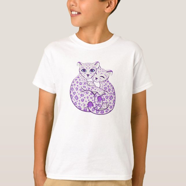 Snö Leopard Unge Cuddling Art T-shirt (Framsida)
