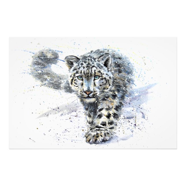 Snö Leopard Watercolor Fototryck (Framsidan)