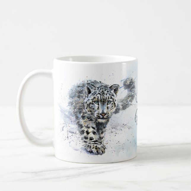 Snö Leopard Watercolor Kaffemugg (Vänster)