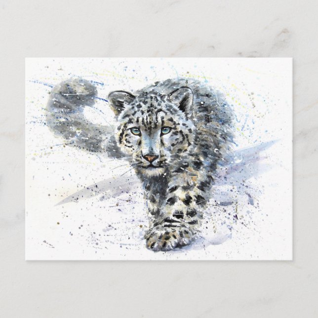 Snö Leopard Watercolor Vykort (Framsida)