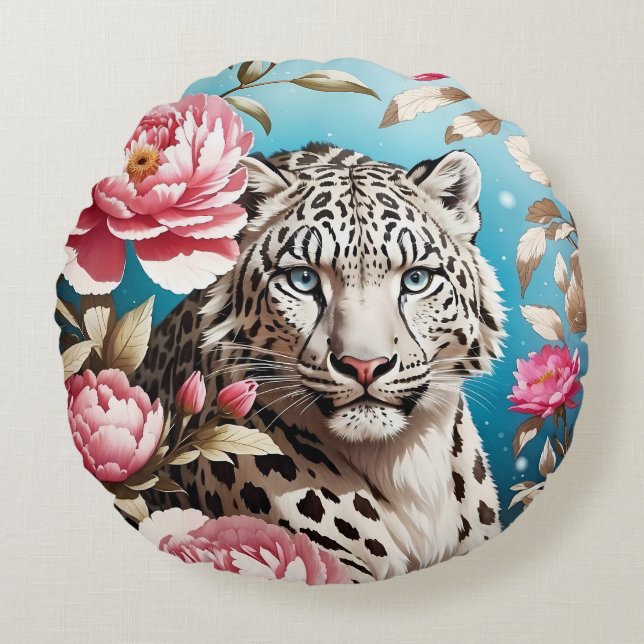 Snö Leopards Gaze och Rosa människor Rund Kudde (Framsidan)