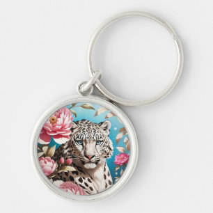 Snö Leopards Gaze och Rosa människor Rund Silverfärgad Nyckelring