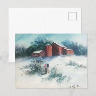 Snö liggande målning av Rustic Farm-vykort Vykort