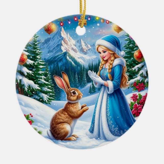 Snö Maiden i vinter Woodland Scene med kanin Julgransprydnad Keramik (Framsidan)