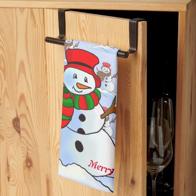 Snö man på blå bakgrund och snöflingor kökshandduk (Thirds Fold)