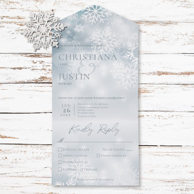 Snö, modern, tre vintermiddagar (Blue & White Winter Snow Modern Three Dinner All In One Invitation)