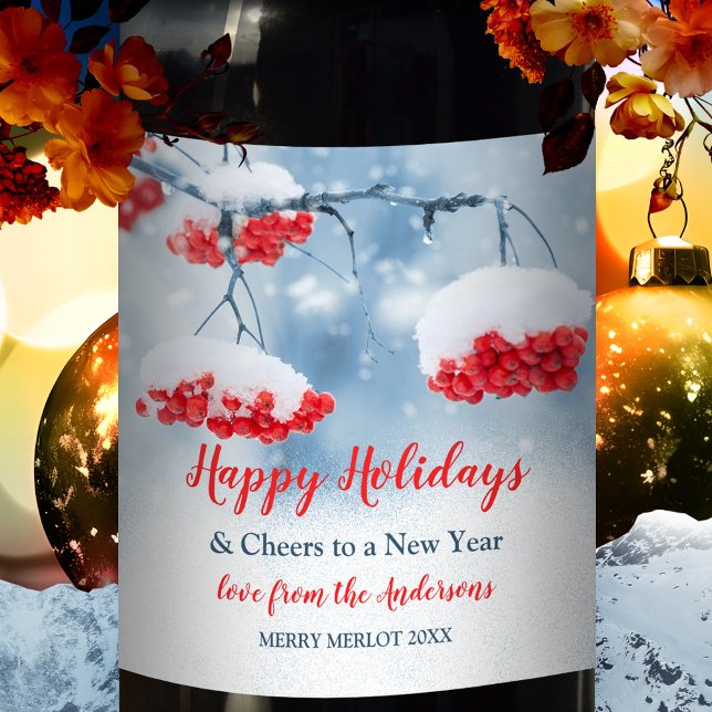 Snö om Red Festive Berries juletikett Vin Vinflaska Etikett (Personalized wine label featuring festive red berries covered with snow)