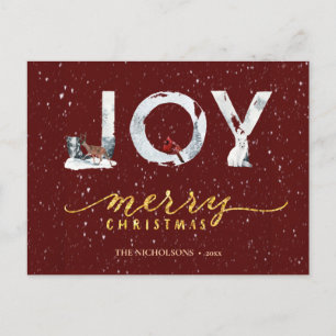 Snö Overlay i Modern Red Elegant Guld-skript, JOY Helg Vykort