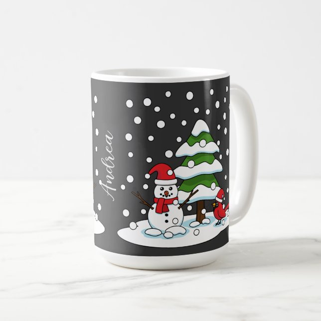 Snö på kardinal, Snögubbe och Gräs Träd | Lägg til Kaffemugg (Framsida höger)