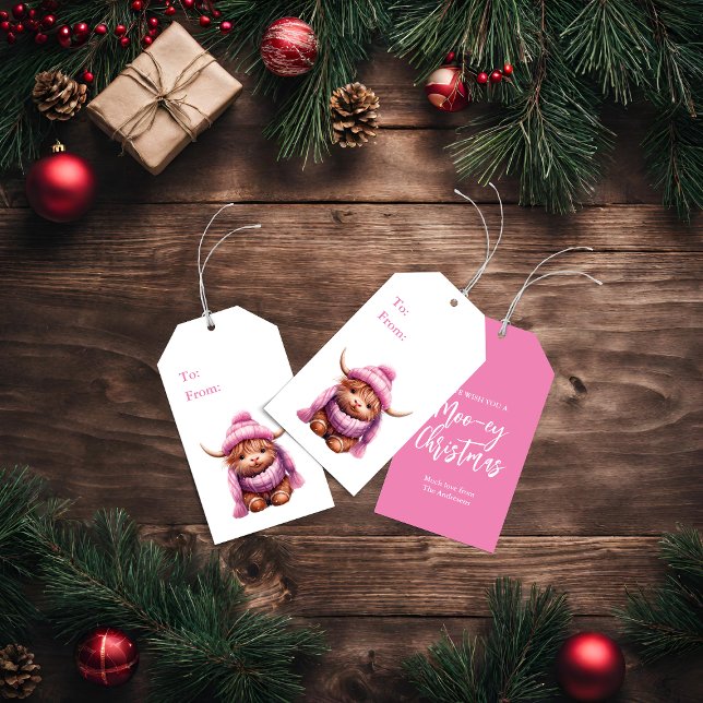 Snö Play Rosa Highland Cow julgåva Märkre Presentetikett (Skapare uppladdad)