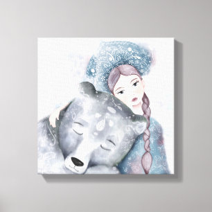 Snö Queen and Polar Bear in Soft Watercolor Canvastryck