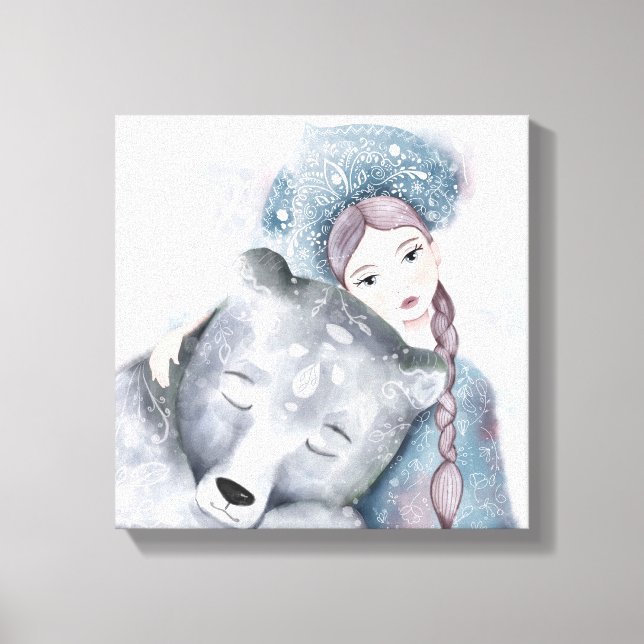 Snö Queen and Polar Bear in Soft Watercolor Canvastryck (Framsida)