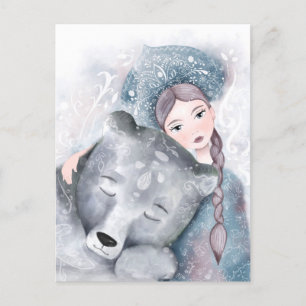Snö Queen and Polar Bear in Soft Watercolor Vykort