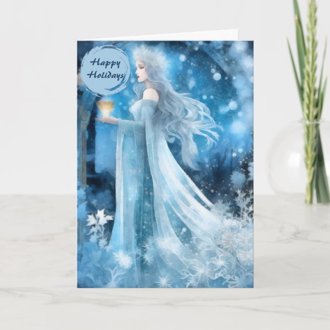Snö Queen Fantasy Art - Mystical Winter Goddess Helgkort (Framsida)