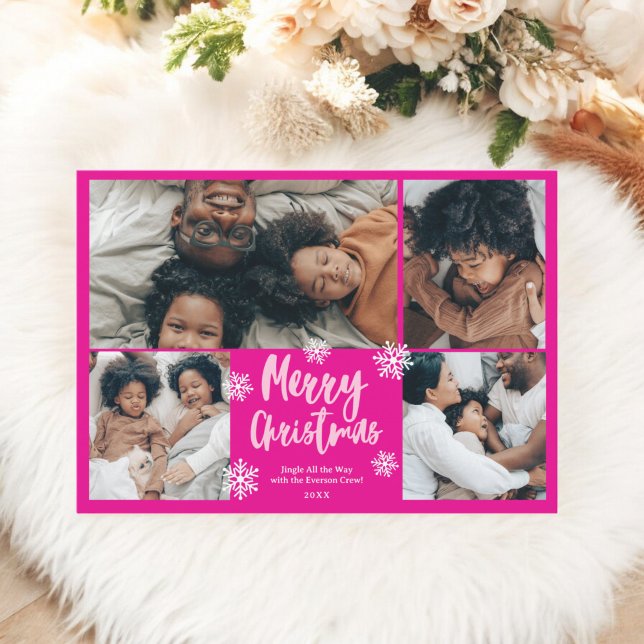 Snö Rosa-skript god jul-familj 5 foton Julkort (Snow Pink script merry Christmas family 5 photos Holiday Card)