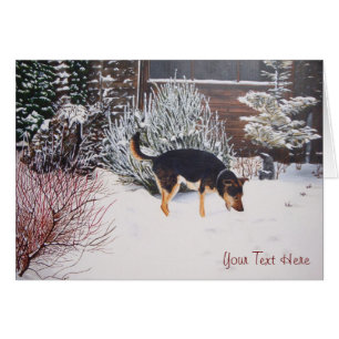 snö-scen med söt svart & tan hund på julklapp OBS kort