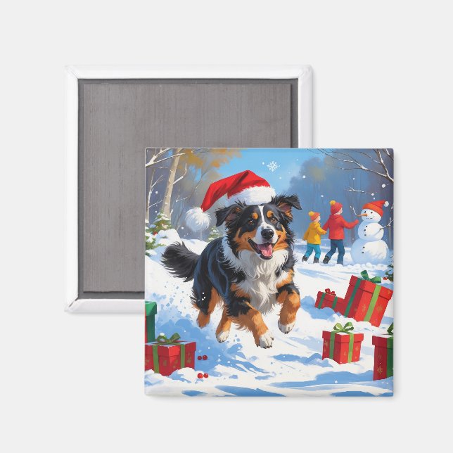 Snö-scenen i australian shepherd vid julfesten magnet (Front/Back)