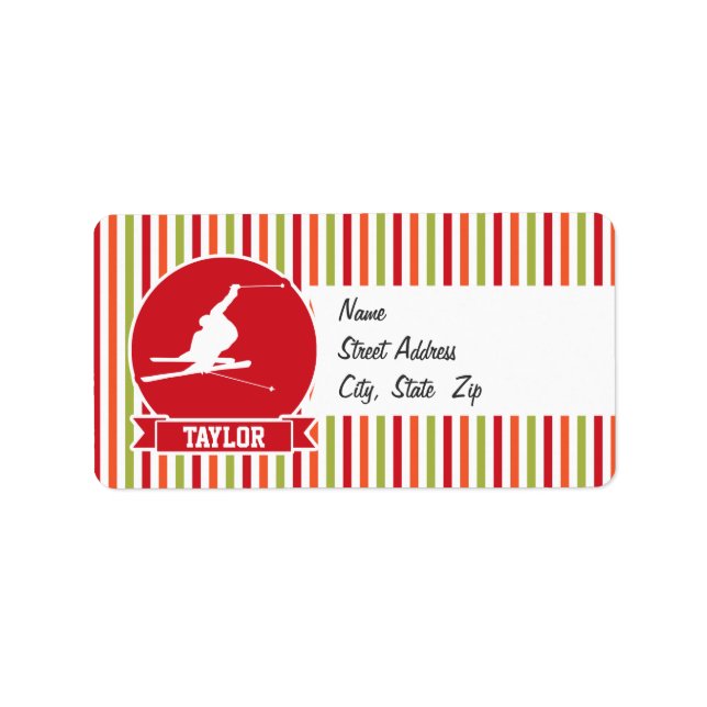Snö Ski, Skiing, Red, Orange, Grönt Rand Adressetikett (Framsidan)