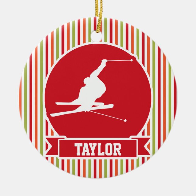 Snö Ski, Skiing, Red, Orange, Grönt Rand Julgransprydnad Keramik (Framsidan)