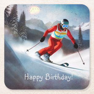 Snö Skiing Birthday Papper Underlägg Kvadrat