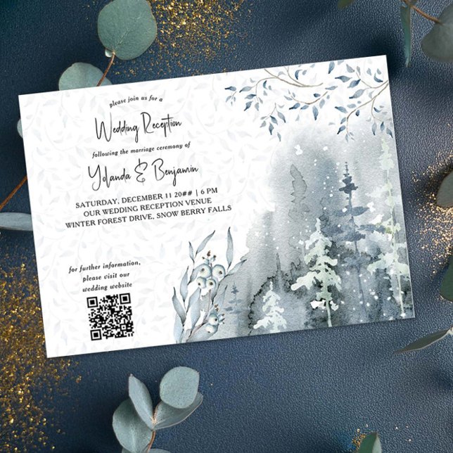 Snö Skog Vinter Bröllopsfirande Endast Inbjudningar (Wedding Reception Invitation with qr code from the Snow Forest Wedding Collection by Darling & May)