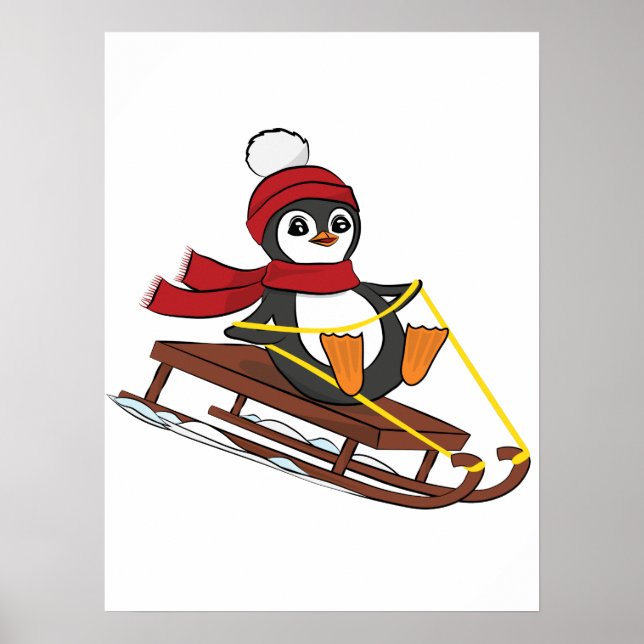 Snö Sleding Penguin Cute Animals Winter Poster (Framsidan)