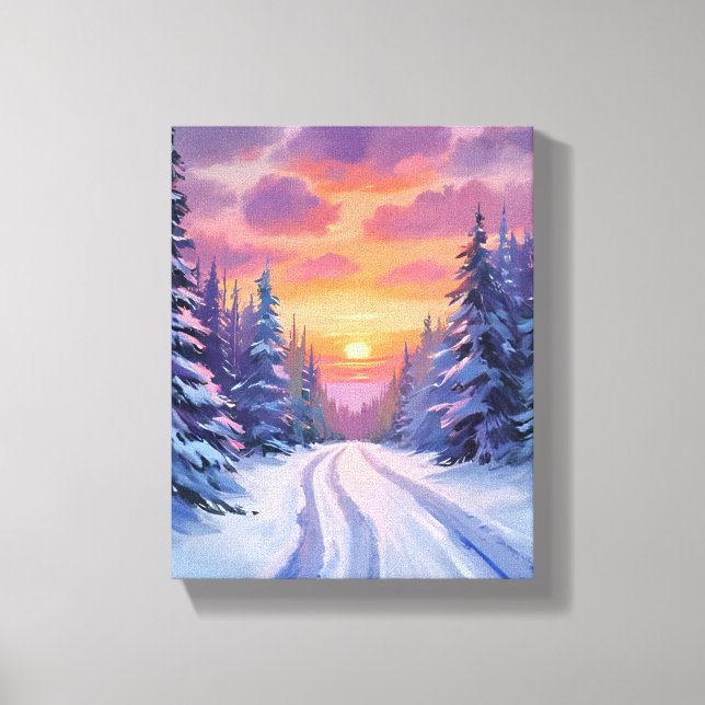 Snö solnedgång | Vinter Bergslandskap Canvastryck (Framsida)