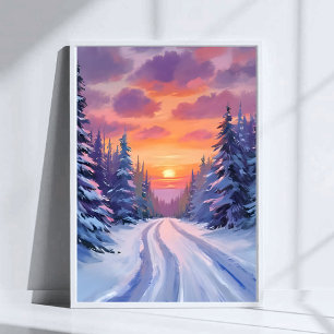 Snö solnedgång   Vinter Bergslandskap Poster
