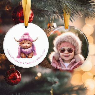 Snö spelar Rosa Highland Cow jul Ornamet Julgransprydnad Keramik