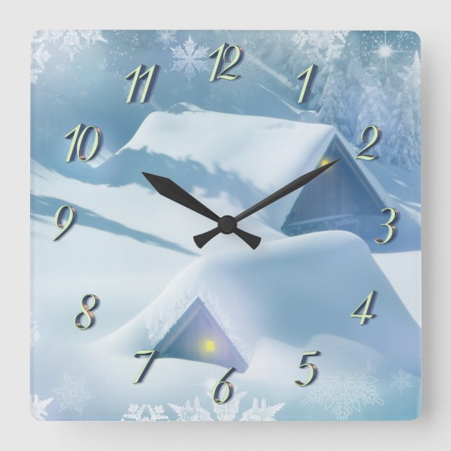 Snö störtade tak i en skog fyrkantig klocka (Framsida)