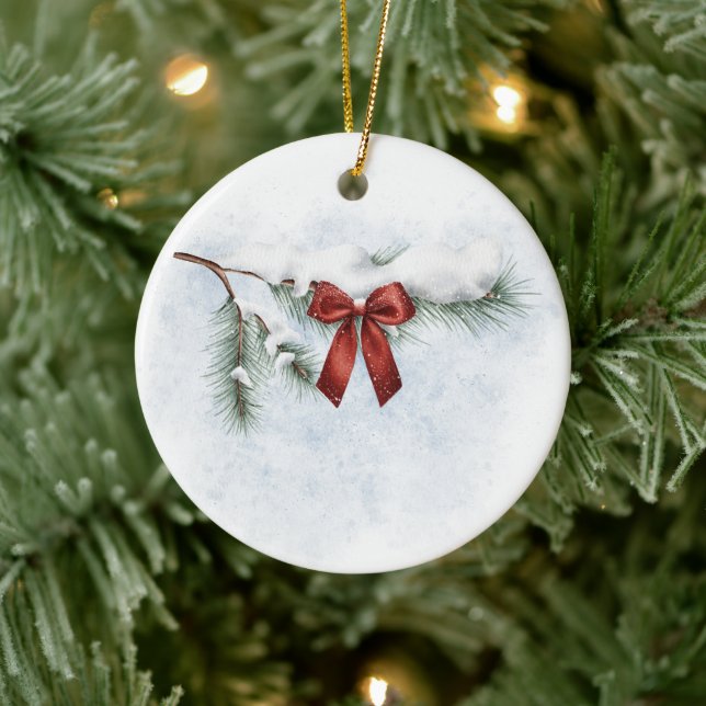 snö-täckt gräs gren med fetiös röd båge julgransprydnad keramik (Träd)