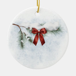 snö-täckt gräs gren med fetiös röd båge julgransprydnad keramik