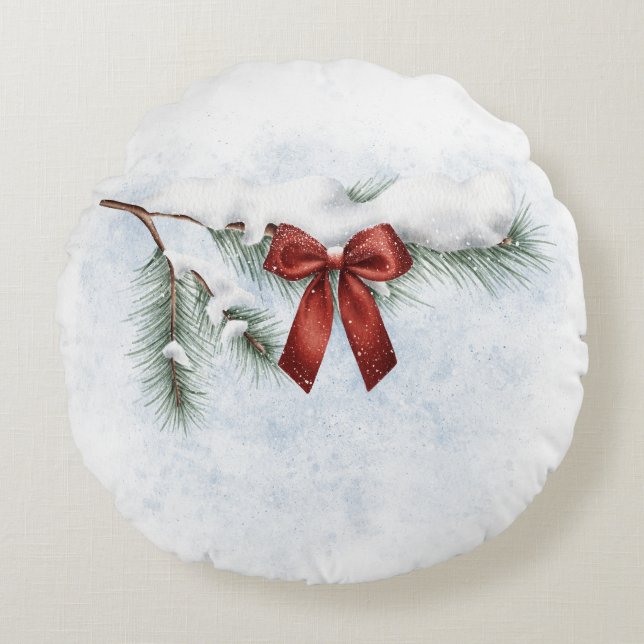 snö-täckt gräs gren med fetiös röd båge rund kudde (Framsidan)