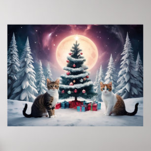 Snö täckt Julgran med katter Poster